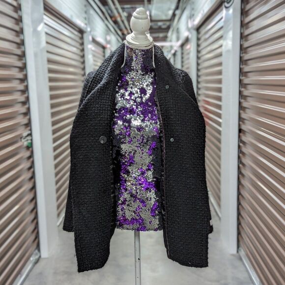 Calvin Klein Size XS Women's Black Textured Fit & Flare Wool Blend Pea Coat - Picture 3 of 12